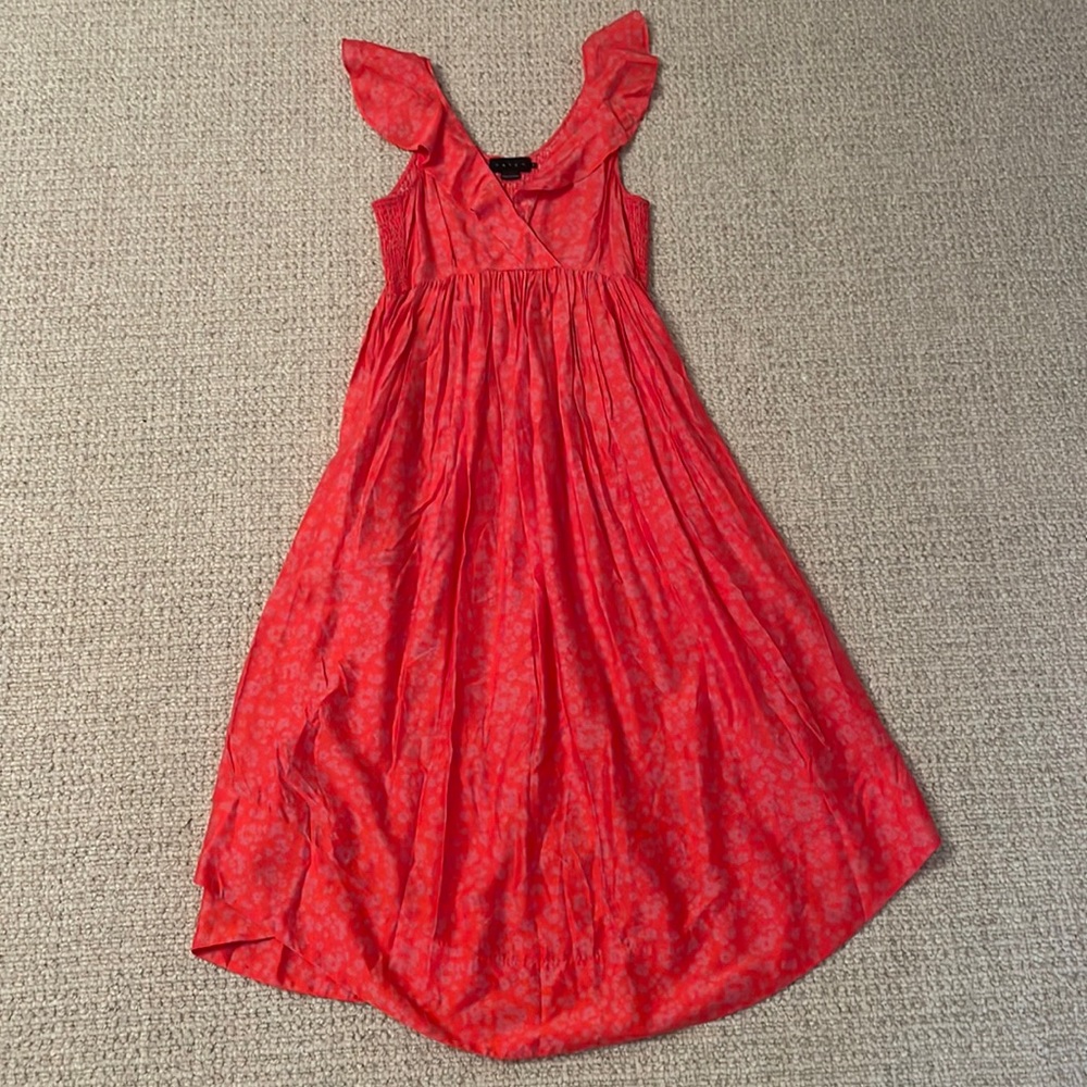 Pink sleeveless silk Hatch maternity dress.